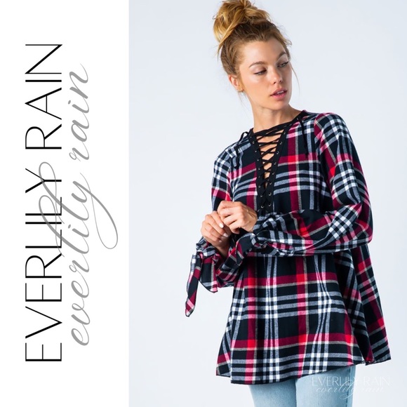 Plaid Eyelet Lace Up Top - Picture 3 of 15